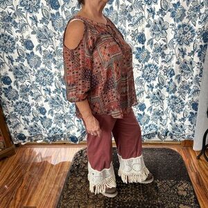 Boho Crochet-Trim Boot Flare Pants in Rust